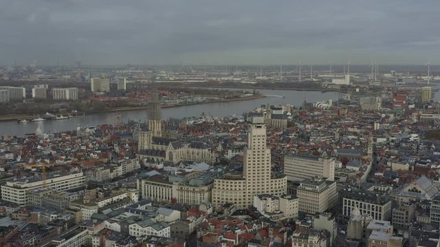 Antwerp Belgium Aerial v2 Flying over downtown and Meir area with cityscape and Sint-Andries views - November 2019