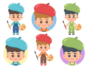 Set of cute artist character design and avatar. Artist holding palette and brush on white background. Flat vector cartoon illustration.