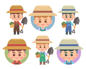 Set of cute gardener character design and avatar. Gardener holding a shovel and flower pot on white background. Flat vector cartoon illustration.