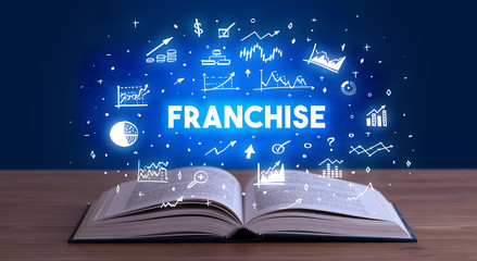 FRANCHISE inscription coming out from an open book, business concept