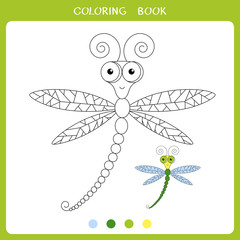 Simple educational game for kids. Illustration of cute flying dragonfly for coloring book