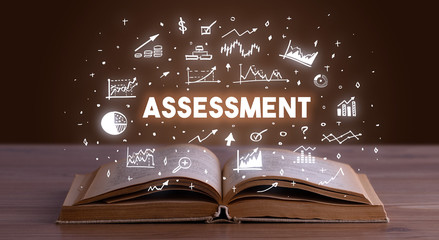 ASSESSMENT inscription coming out from an open book, business concept
