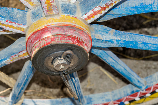 colorful wood wheel of old Asian wagon