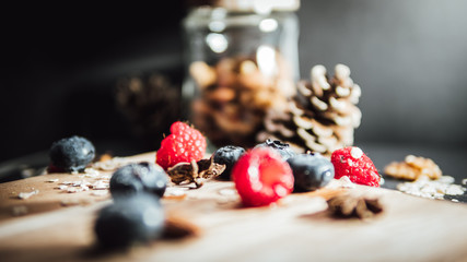 Red raspberry and blackberry over table