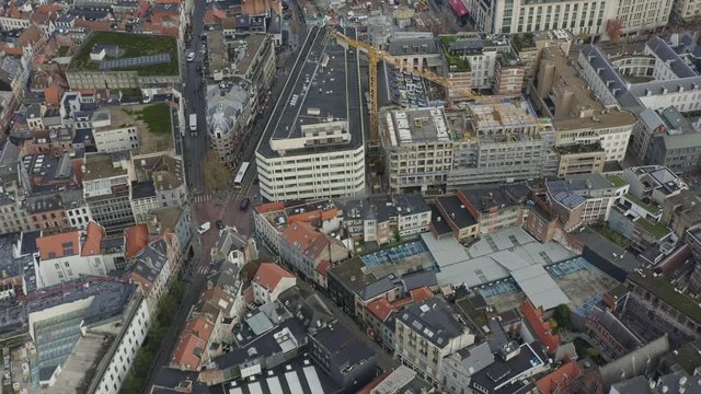 Antwerp Belgium Aerial v4 Birdseye view flying over downtown old town area panning up to Eilandje district - November 2019