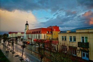Fototapeta na wymiar Dramatic sunset over Nesvizh, Belarus