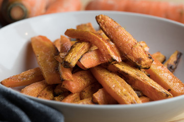 Carrot fries with crispy crust closeup shot visible texture