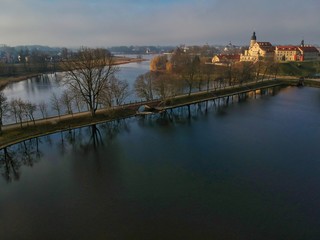 Fototapeta premium Aerial view of Nesvizh park and castle in Belarus