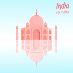 Taj Mahal Vector Illustration with Lettering, Text. Indian Architecture Landmark Reflection in Water Vector Poster. Travel Agency Banner. Agra Traditional Tourist Attraction Cartoon Drawing