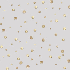 Abstract seamless pattern with 3d golden glittering acrylic paint round circles polka dot on grey background