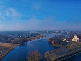 Aerial view of Nesvizh park and castle in Belarus