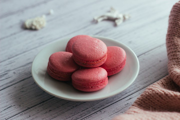 Macaroons. Delicious french dessert. Romantic composition
