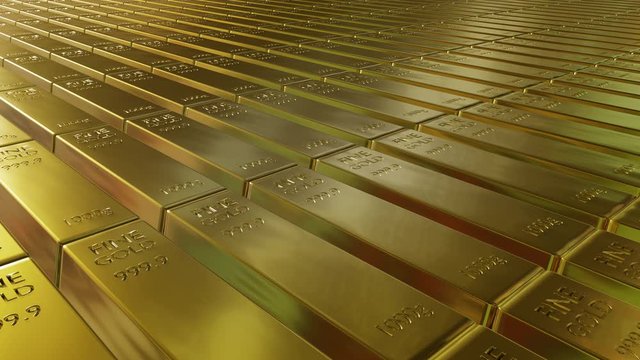 Close-up 3D animation view of fine gold bars. Loopable seamless video.