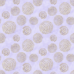 Abstract seamless pattern with 3d golden glittering acrylic paint round spiral circles on pastel purple background