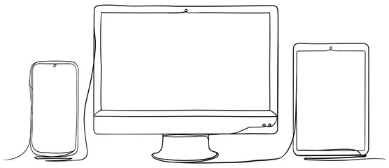 Mobile Phone, Computer Monitor and Tablet PC. Hand Drawn Continuous Line Art Vector Illustration.