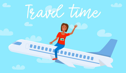 Young Woman Sitting on Airplane Vector Banner. Travel Time Lettering. Lady Going on Vacation Flat Drawing. Female Student, Teenager Cartoon Character. Boeing in Sky Drawing. Tourist with Camera