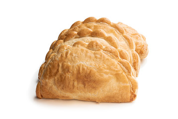 Homemade flaky pasty with mince meat filling isolated on white