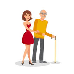 Granddaughter with Grandfather Flat Illustration. Woman Holding Hand of Senior Man Isolated Cartoon Characters. Elderly Person with Walking Stick. Assisted Living, Nursery Home Design Element