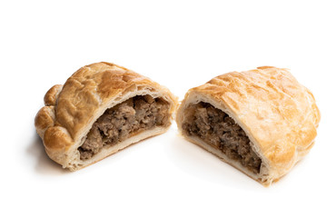 Homemade flaky pasty with mince meat filling isolated on white