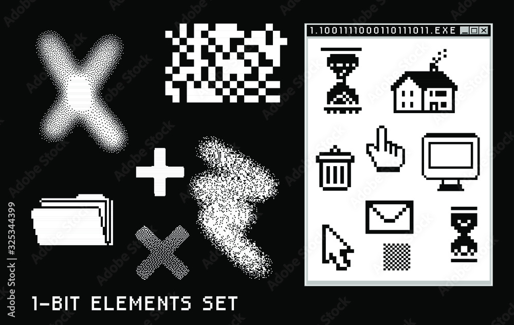 Poster set of black and white textures and geometric shapes. collection of 1-bit pixel art elements for des