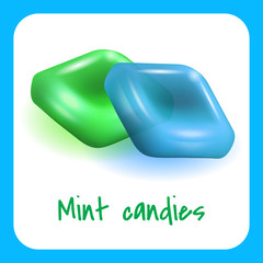 Green and Blue Mint Candies on White Background. Natural Mint Candy. Vector Illustration. Nature Composition. Colored Caramel. Blue Frame. Transparent Candy. Square Lollipops. Transparent Candy.
