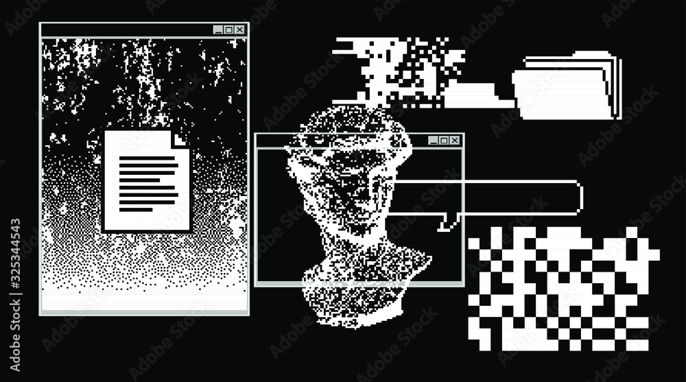 Poster pixel art ilustration with retro 80's ui and ux elements. vaporwave and retrowave style collage.