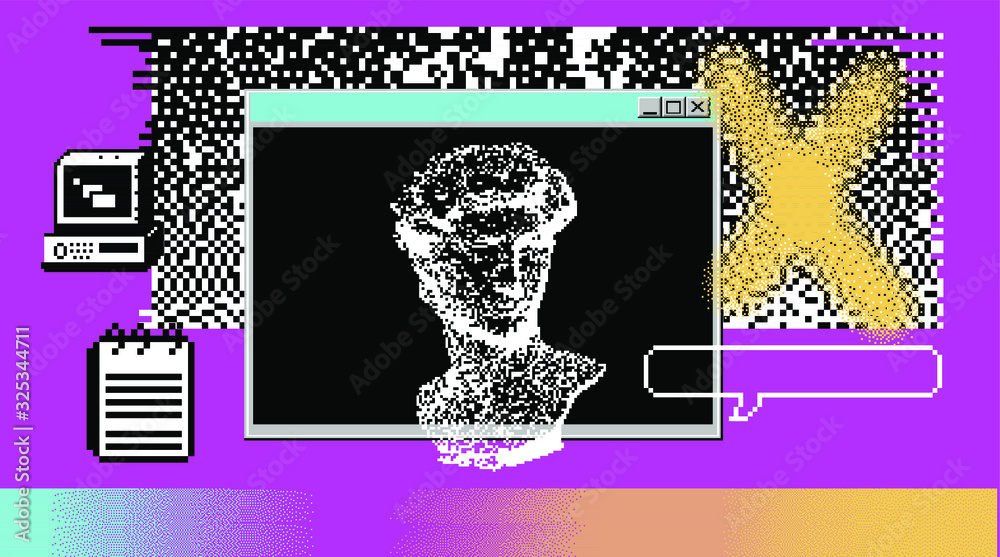 Poster pixel art ilustration with retro 80's ui and ux elements. vaporwave and retrowave style collage.