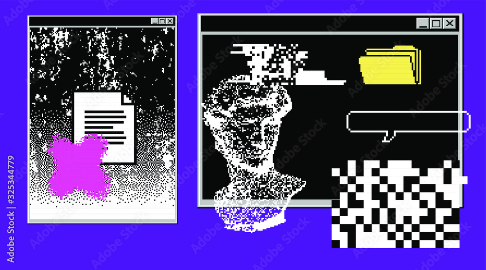 Poster pixel art ilustration with retro 80's ui and ux elements. vaporwave and retrowave style collage.