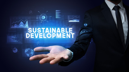 Hand of Businessman holding SUSTAINABLE DEVELOPMENT inscription, business success concept