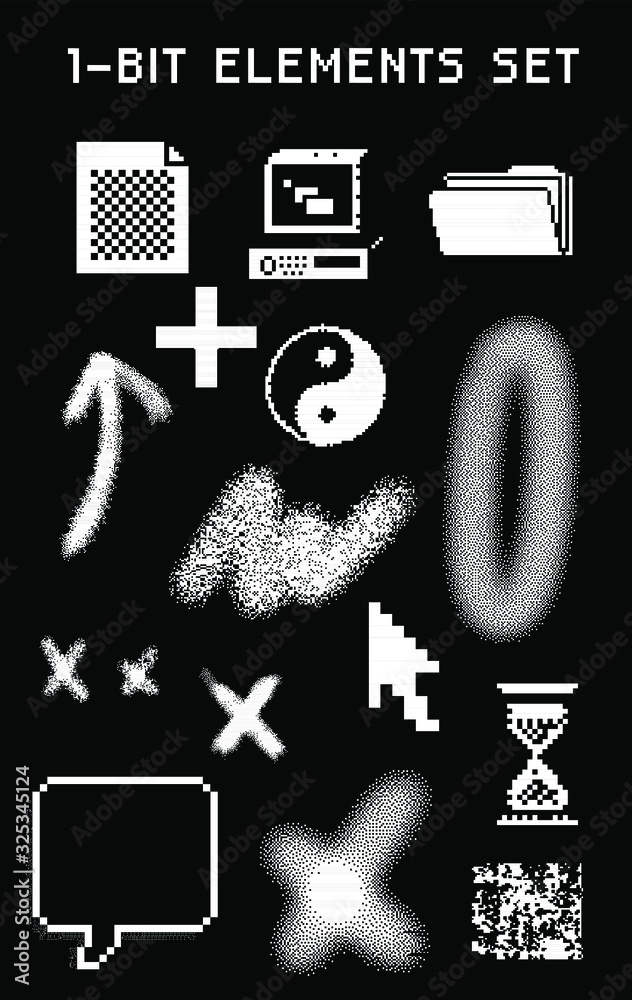 Poster set of black and white textures and geometric shapes. collection of 1-bit pixel art elements for des