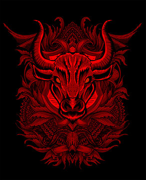 Bull head with engraving pattern vintage-vector illustration art