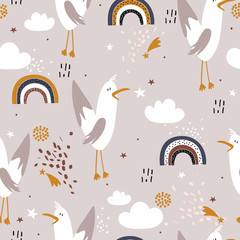 Seamless pattern, birds, hand drawn overlapping backdrop. Colorful background vector. Cute illustration, seagulls. Decorative wallpaper, good for printing