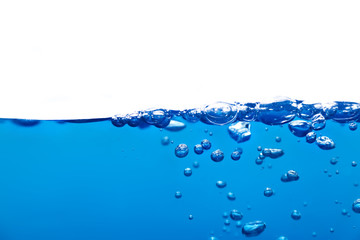  Blue water surface with bubble and water splash on white background