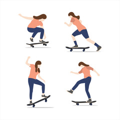 Skateboarder Girl Illustration Vector Set