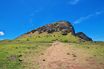 Rapa Nui. The view on the mountain Rano Raraku on Easter Island, Chili