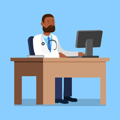 Doctor in White Coat Sit at Table near Computer. Reception at Ophthalmologist. Check Eyesight. Health Care. Doctor Ophthalmologist. Vector Illustration. Man Doctor. Doctor Working at Computer.