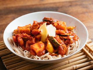 Vegan yasai yaki soba in a bowl