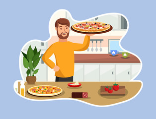 Cooking Tasty Pizza Vector Cartoon Illustration. Kitchen Stuff, Interior. Man Holding Delicious Pizza Flat Character. New Recipe, Italian Food Preparation Isolated on Blue Background