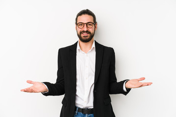 Young caucasian business man isolated on a white background showing a welcome expression.