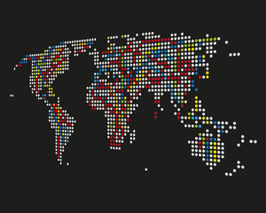 Dotted world map on black background - color version