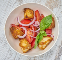 panzanella tomato salad with crumbles