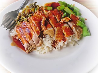 Roasted duck topping on thai rice ( Thai food, Chinese food)