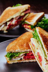 Sandwich bread tomato, lettuce and yellow cheese for breakfast