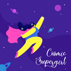 Obraz na płótnie Canvas Cosmic Supergirl Flat Social Media Banner Concept. Brave Female Hero in Cape Cartoon Character. Feminism, Girl Power Inspirational Poster. Lady in Superhero Costume Flat Illustration with Calligraphy