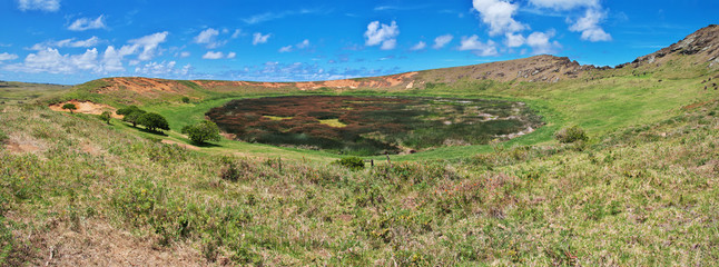 Rapa Nui. The volcano crater of Rano Raraku on Easter Island, Chili