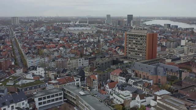 Antwerp Belgium Aerial v15 Flying over Theaterbuurt into Zuid district and Monument Schelde Vrij - November 2019