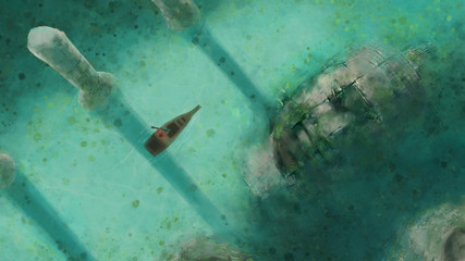 man are boating Washing through the ruins of the empire collapse.illustration painting