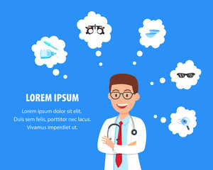 Smiling Ophthalmologist Offers Clinic Services. Reception at Ophthalmologist. Check Eyesight. Health Care. Doctor Ophthalmologist. Vector Illustration. Man Doctor. Vision Correction.