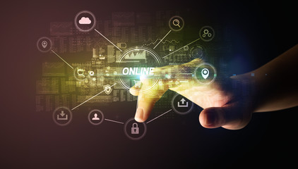 Hand touching ONLINE inscription, Cybersecurity concept