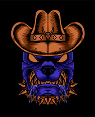illustration vector Angry dog head with cowboys hat and 2 gun perfect for print on demand
